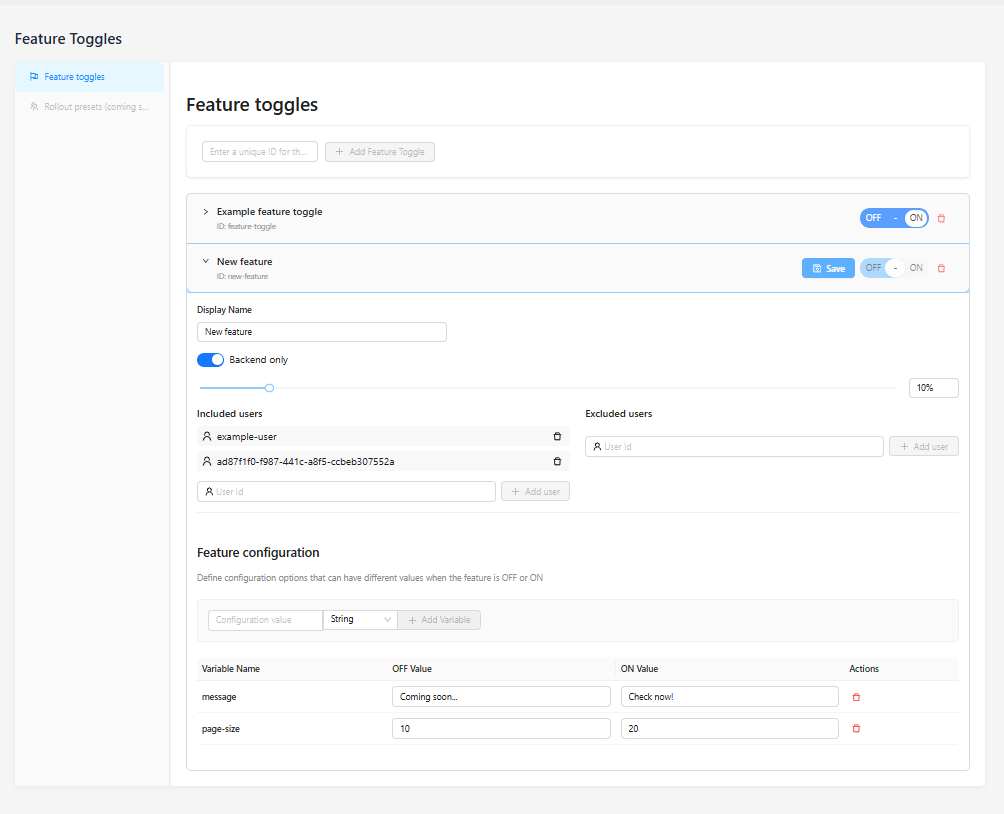 Feature toggles admin panel