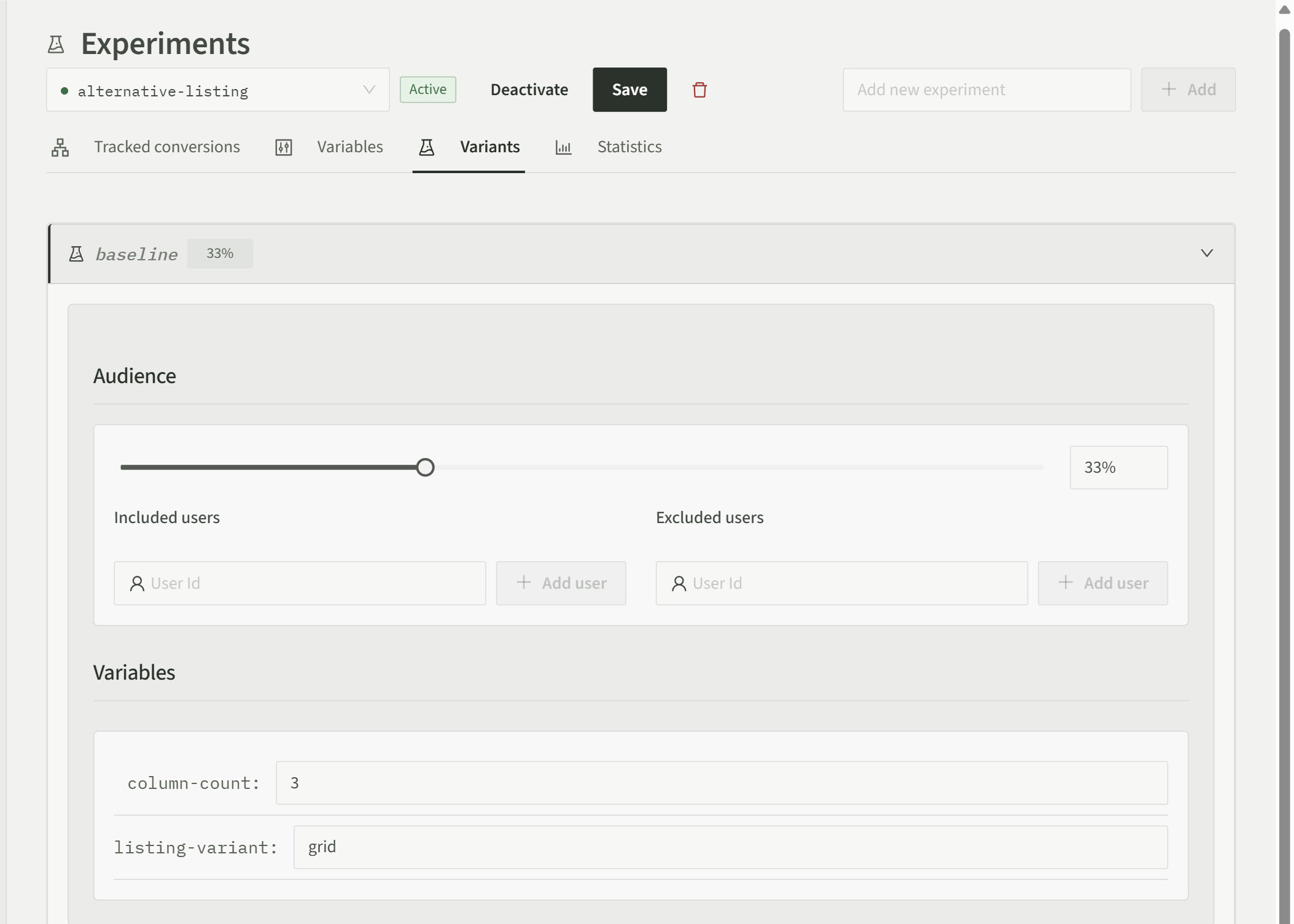 Hyppot admin showing an experiment and its variants