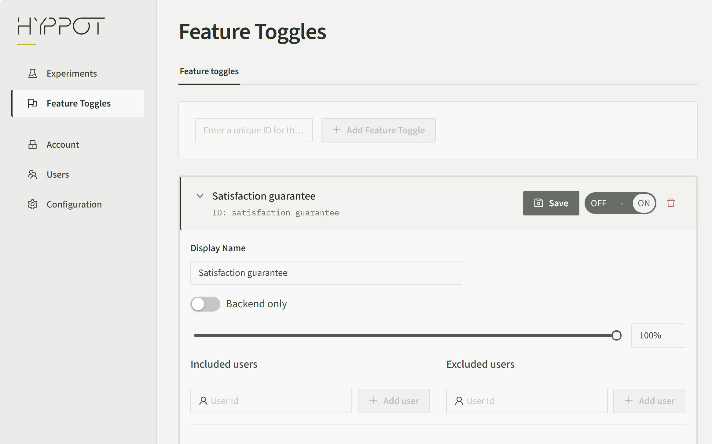 Hyppot admin showing Feature Toggles, the rail, and the wordmark